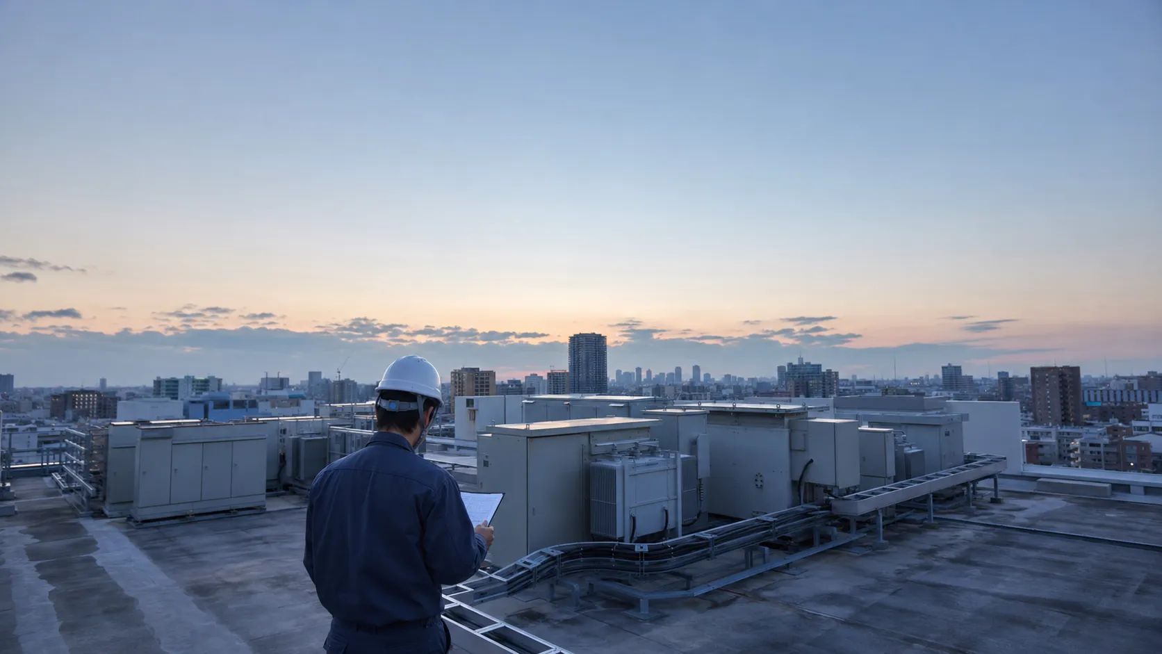 夕暮れの街を見下ろす2名の電気設備技術者