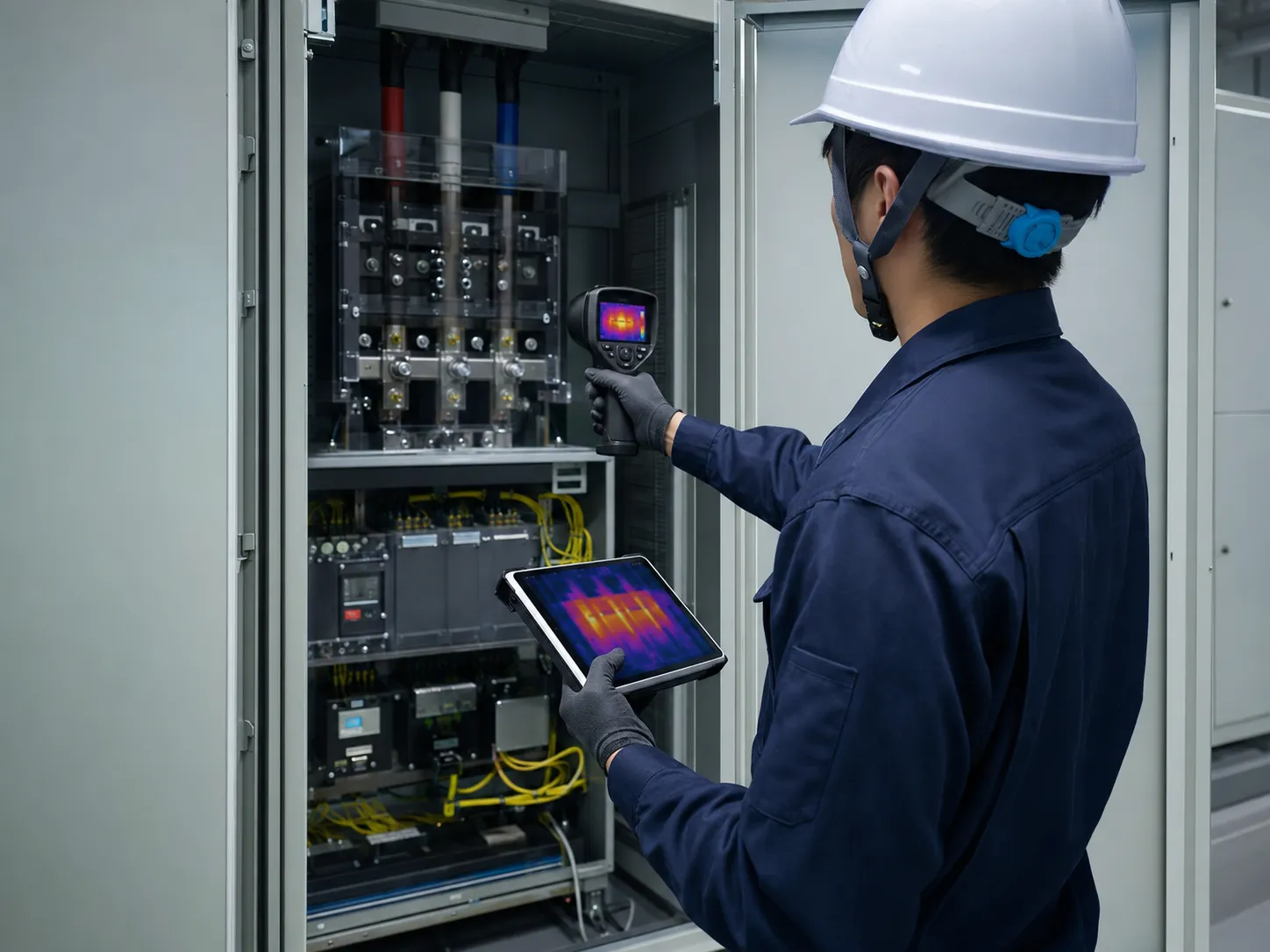 サーモグラフィで受変電設備を点検する技術者