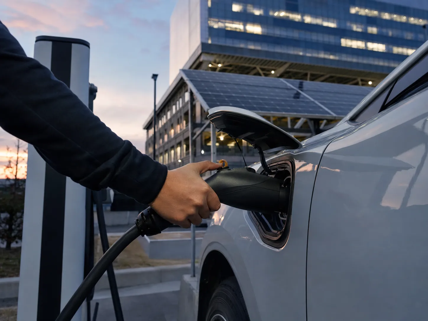 EV充電器を車両に接続する様子