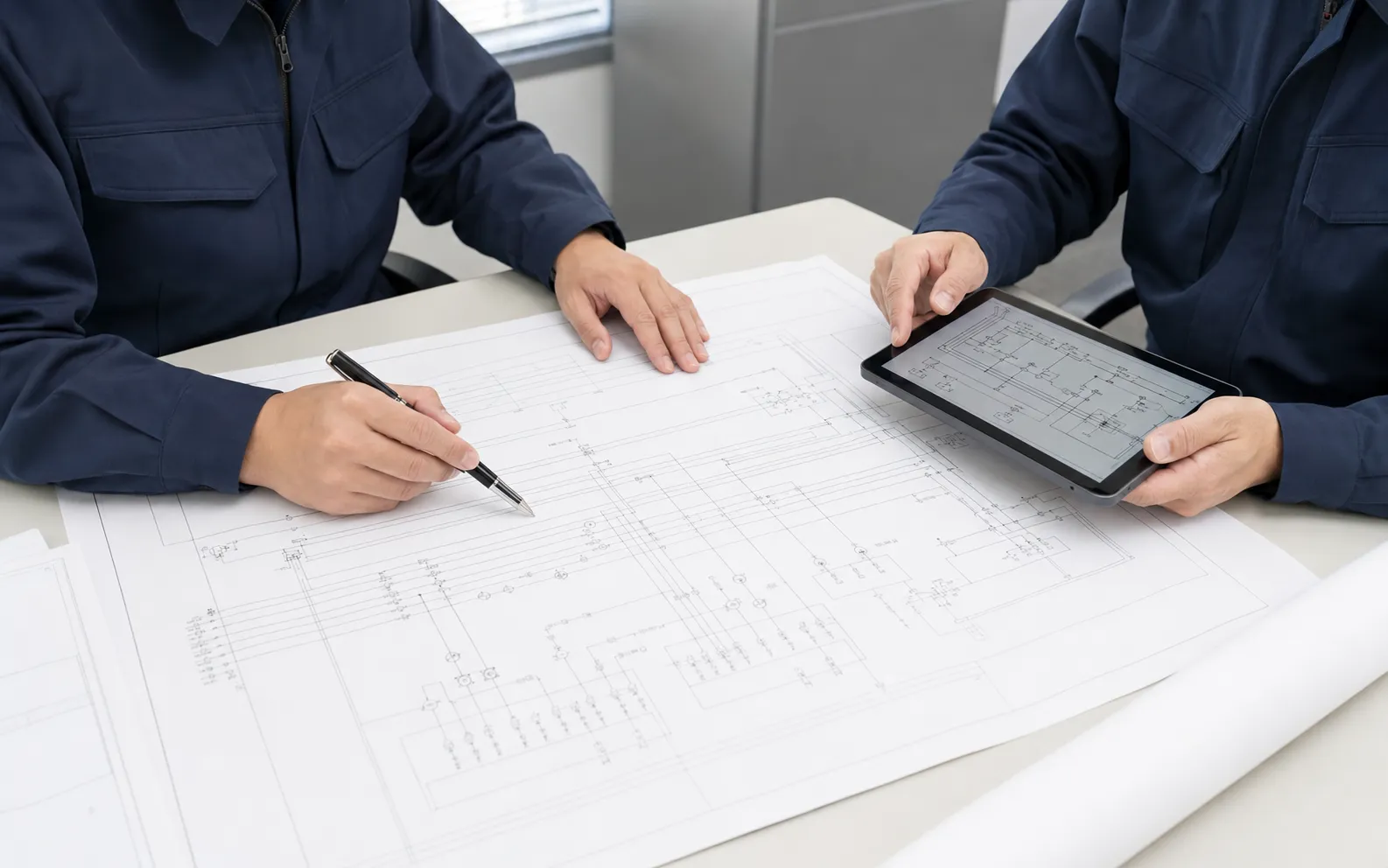 図面と制御回路図を確認する施工管理担当者