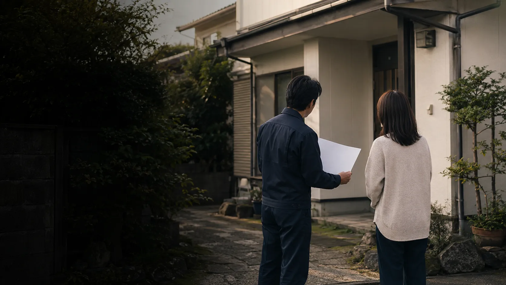 住まいの前で図面を広げ、お客様と打ち合わせをする様子