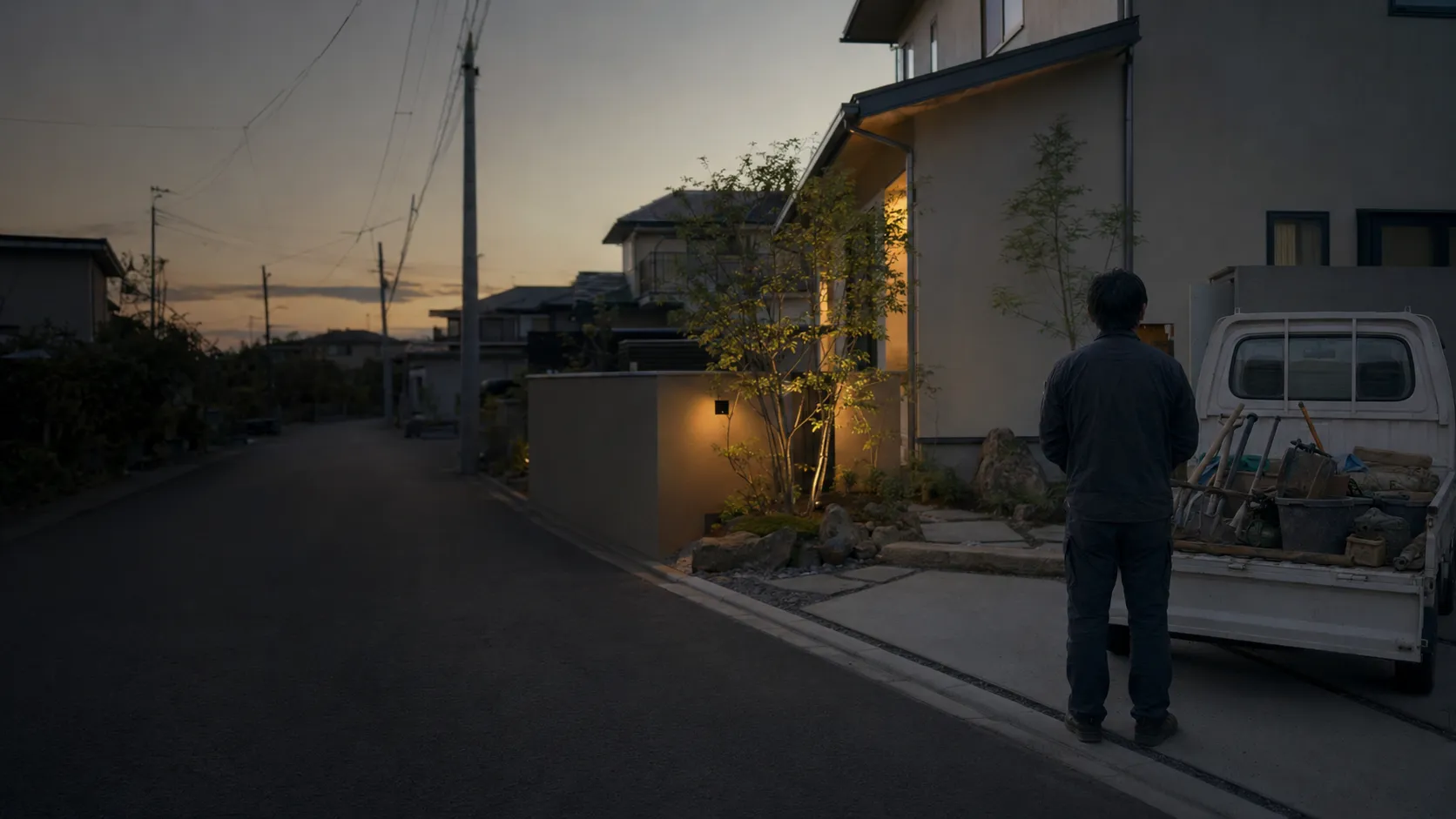 夕暮れの住宅街。工事を終えた家の前に立つ職人と軽トラック