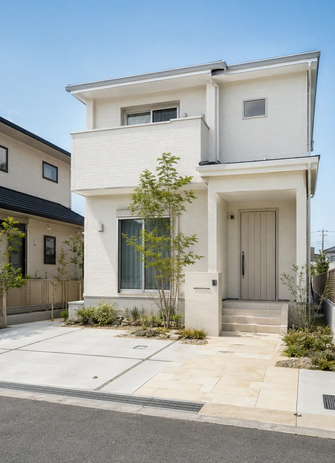 白い外壁の新築住宅。駐車場・アプローチ・植栽を一式で整えた外構