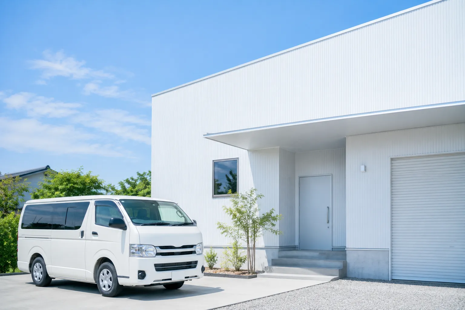 事業所の外観と白い営業車
