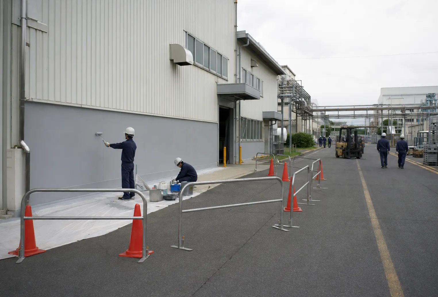 稼働中の工場敷地内で養生しながら進める塗装作業